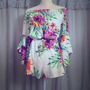 Blush Tropical Floral Off the Shoulder Romper S